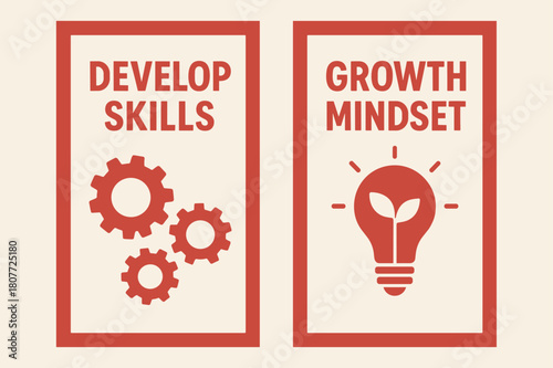 Skills and Growth Banners. Develop skills. Two vertical A6 banners with safe margins, centered composition, no elements touching edges, flat vector design, red