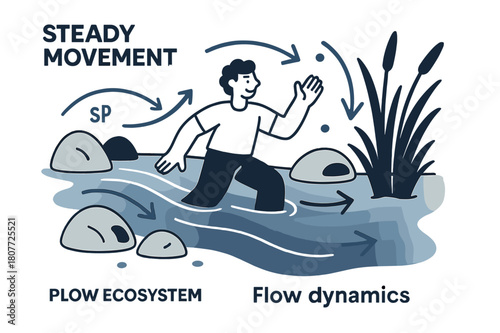 Dynamic River Flow. River Ecosystem ? Flow Dynamics. Curved arrows trace current speed through rocks and reeds; gradient waves fade downstream. Tag ?steady
