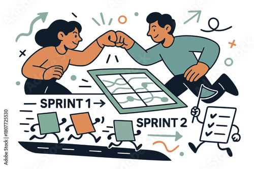 Sprint Strategy Race. Skill sprint planning. Sticky notes race along a track labeled ?Sprint > Sprint ?; a checklist waves a tiny flag. Teammates bump fists