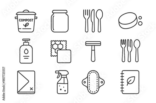 Zero Waste Icons. Zero waste lifestyle. Line icon set of zero waste lifestyle: compost bin, glass jar, reusable utensils, solid shampoo, refill station,