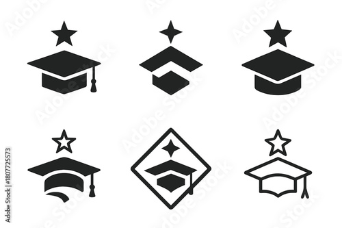 Guiding Star Logos. Mentorship and scholarships. Set Logo of Mentorship and scholarships: guiding star over graduation cap. harmonious logo variations of the