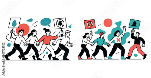 Groups of diverse young adults protesting for environmental causes