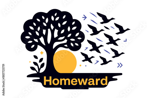 Birds in Flight. Tree & birds silhouette. A lone oak frames the disc of the sun while a flock bursts into V-shaped arrows; ?Homeward? glows near the horizon