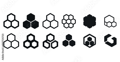 Collection of geometric hexagonal icon designs in black and white