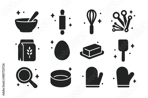 Baking Icons Collection. Baking Essentials. Solid icons set of Baking Essentials: mixing bowl, wooden spoon, rolling pin, whisk, measuring spoons, flour bag,