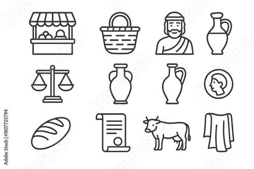 Ancient Market Icons. Ancient marketplaces. Line icon set of ancient marketplaces: market stall, basket, merchant, scales, amphora, olive oil jar, bread loaf,