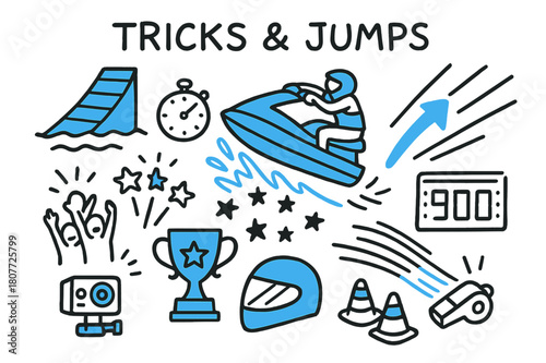 Extreme Sports Doodles. // Tricks & jumps. Hand-drawn doodle illustration Tricks & jumps [ramp wake (accented), airborne jet ski (accented), splash stars, flip