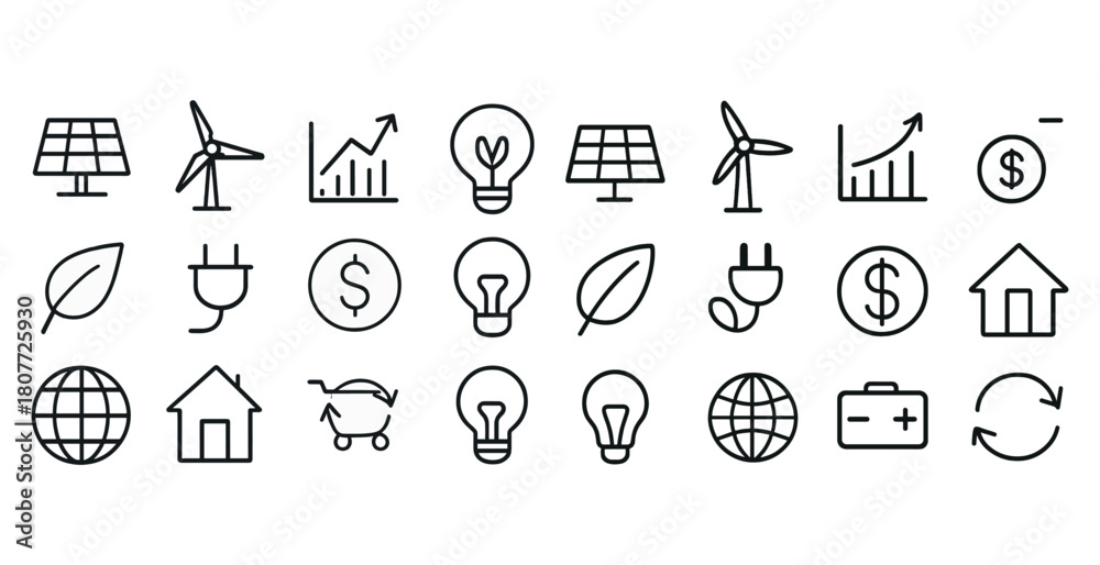 Fototapeta premium Renewable energy icons: solar, wind, energy efficiency, and sustainability symbols