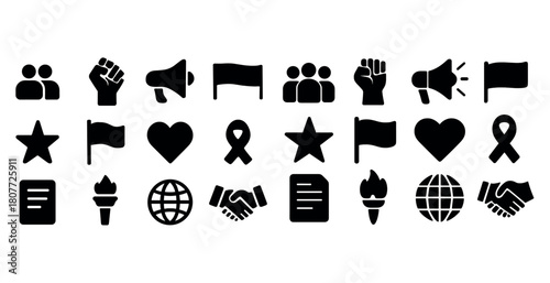Collection of social and political icons: megaphone, flag, heart, handshake, globe, ribbon