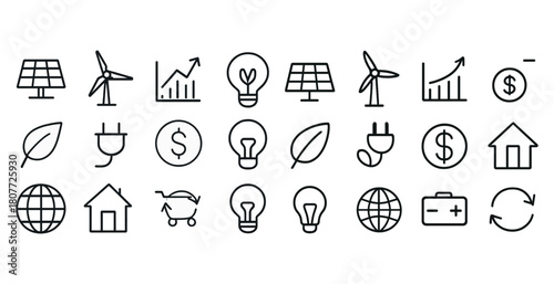 Renewable energy icons: solar, wind, energy efficiency, and sustainability symbols