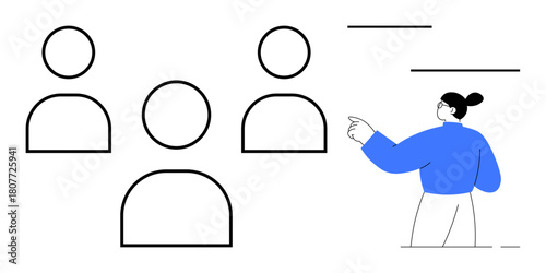 Abstract group of three people with a leader figure pointing at content. Ideal for teamwork, leadership, collaboration, guidance, communication, organization, and decision-making. Simple flat