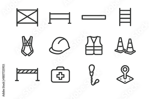 Scaffold Safety Icons. Scaffolding and Safety. Line icon set of Scaffolding and Safety: scaffold frame, guardrail, toe board, access ladder, safety harness,