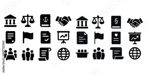 Set of legal and business icons featuring scales, documents, and graphs