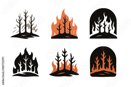 Charred Trees Emblem. blackened trees in hellscape. Set Logo of blackened trees in hellscape: Charred pine silhouette ridge. Icon set. harmonious