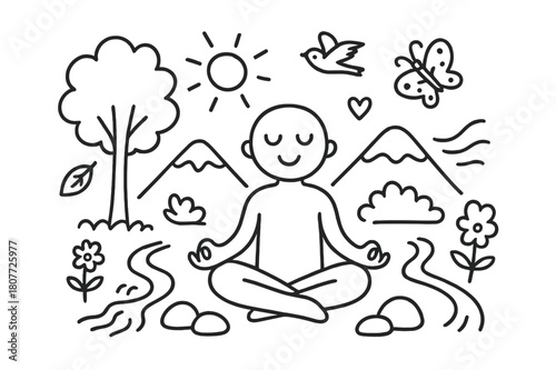 Outdoor Meditation Scene. Meditation outdoors. Hand-drawn doodle illustration meditation outdoors lotus pose figure, mountain, tree, sun, bird, calm face,