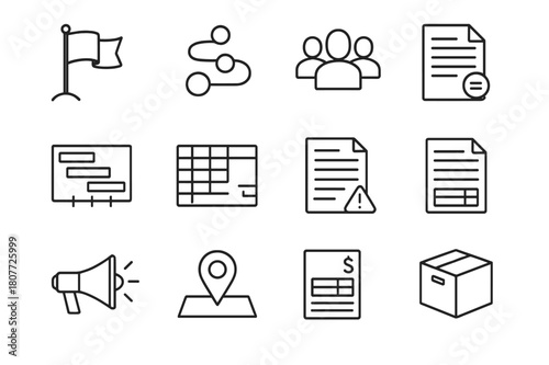Project Kickoff Icons. Project Kickoff. Line icon set of Project Kickoff: kickoff flag, roadmap, team roles, scope document, timeline Gantt, resource plan,