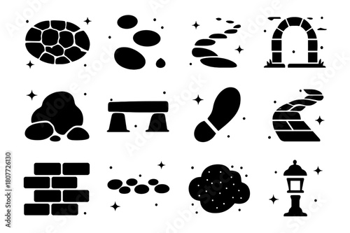 Stone Path Icons. Stone Path. Solid icons set of Stone Path: cobblestone path, stepping stones, garden trail, stone arch, mossy rock, bridge slab, footstep