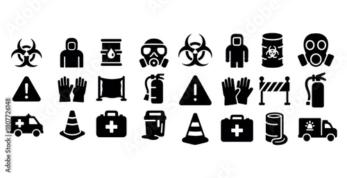 Hazard and safety icons collection including biohazard and fire extinguisher symbols