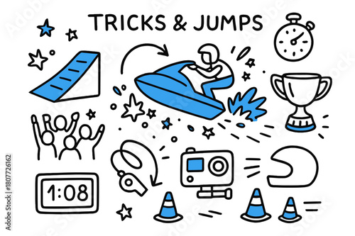Extreme Sports Doodles. // Tricks & jumps. Hand-drawn doodle illustration Tricks & jumps [ramp wake (accented), airborne jet ski (accented), splash stars, flip
