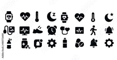 Health and fitness icons: heartbeat, thermometer, moon, alarm, medicine, fitness app symbols