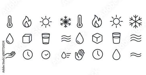 Weather and temperature icons: sun, snowflake, thermometer, flame, water, ice, wind
