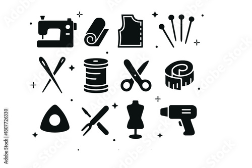 Cosplay Crafting Tools. Cosplay costume crafting. Solid icons set of Cosplay costume crafting: sewing machine, fabric roll, pattern paper, pins, needles,