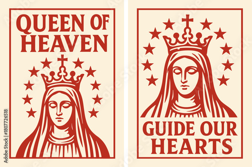 Heavenly Queen Banners. Queen of Heaven. Two vertical A6 banners with safe margins, centered composition, no elements touching edges, bold, red and beige,