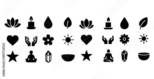 Set of 24 black wellness icons including lotus, candle, heart, and meditation symbols