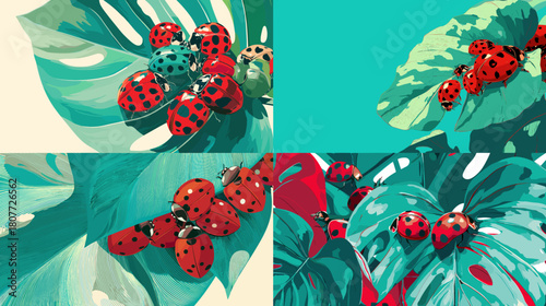 Colorful illustration of ladybugs crawling on large tropical leaves. Bright red shells and lush greens create a lively and vibrant nature scene full of detail and freshness.