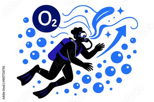 Diver's Oxygen Bubbles. Oxygen. Diver underwater surrounded by oxygen bubbles; abstract floating lines and sparkles highlight respiration, scuba diving, and