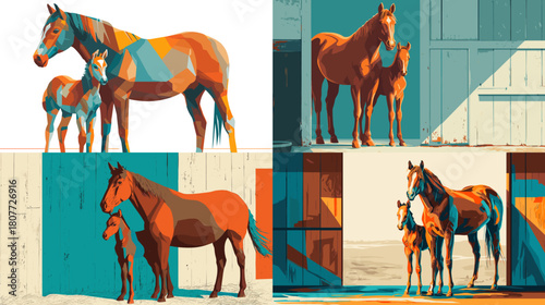 Stylized illustration of horses with foals standing near a stable. Bold modern colors and geometric shading emphasize warmth, family bond, and the calm atmosphere of rural life.