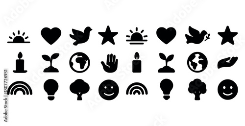 Collection of black silhouette icons featuring nature, peace, and happiness symbols