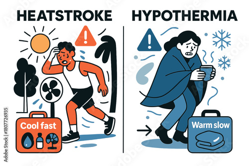 Cooling vs Heating. Heatstroke vs hypothermia. Two panels split the scene: one with a red ?Cool fast? kit (shade, water, fan), the other with a blue ?Warm