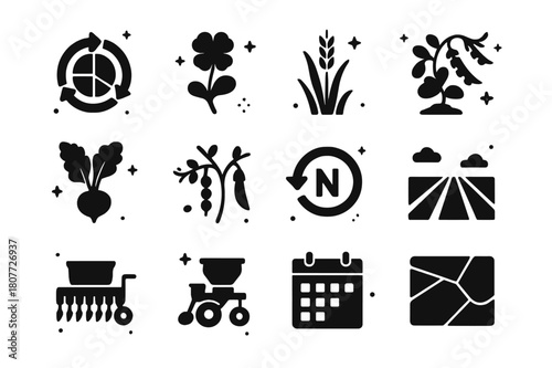 Crop Management Icons. Crop rotation and cover crops. Solid icons set of Crop rotation and cover crops: rotation wheel chart, clover cover crop, rye cover