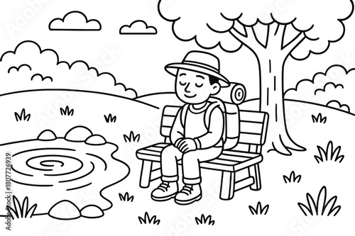 Traveler's Quiet Reflection. Peaceful reflection stop children?s coloring book illustration, outlined drawing, a traveler sitting calmly on a bench under a