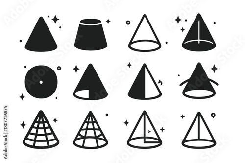 Geometric Cone Icons. Geometric cones. Solid icons set of geometric cones: simple cone shape, truncated cone, cone outline, cone with axis, cone projection,