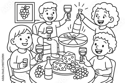 Wine and Cheese Fun. wine and cheese party children?s coloring book illustration, outlined drawing, friends having a wine and cheese party with fun and games,