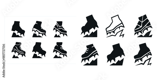 Hiking boots and mountain climbing symbols in black silhouette