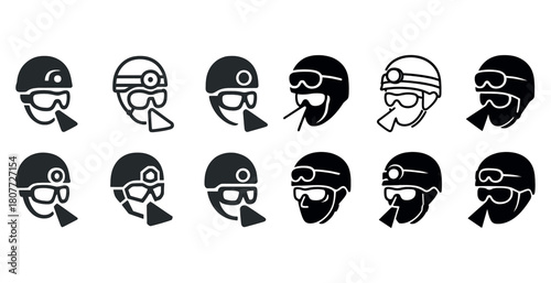 Diverse skiing and snowboarding helmet icons in black and white