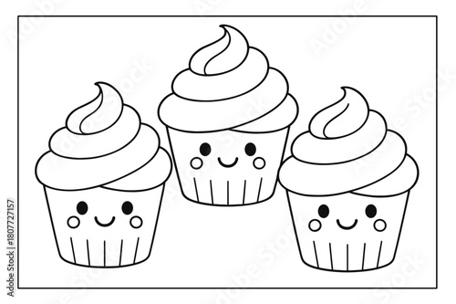 Smiling Cupcake Coloring Page. Cupcakes with frosting swirl children?s coloring book illustration, outlined drawing, three cupcakes with fluffy frosting tops