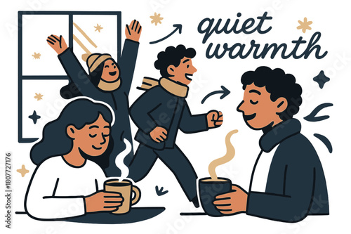 Quiet Winter Morning. Soft Light Rays ? Winter Morning. Pale sunlight spills through frosted glass; steam rises from a mug. Text ?quiet warmth? floats in soft