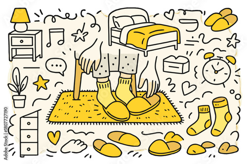 Cozy Bedroom Scene. Slipping into slippers. Hand-drawn doodle illustration slippers (colored), feet (colored), hands (colored), socks (colored),