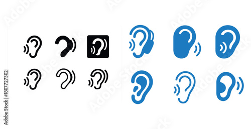 Diverse ear icons: sound waves and hearing illustrations in black and blue