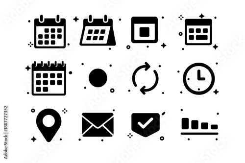 Calendar Icons Set. Calendar and Scheduling. Solid icons set of Calendar and Scheduling: wall calendar, desk calendar, date tile, weekly planner, monthly grid,