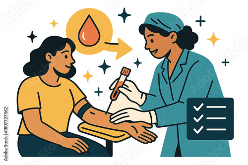 Dynamic Blood Test Scene. Blood test. Phlebotomist collecting blood sample from patient with abstract floating icons, arrows, and sparkles;