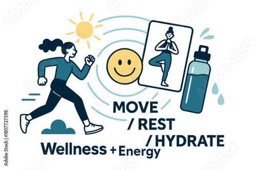 Wellness Vision Board. Vision Board ? Wellness & Energy. A water bottle, sun, and yoga pose card cluster in a gentle arc; text ?Move / Rest / Hydrate?. Soft