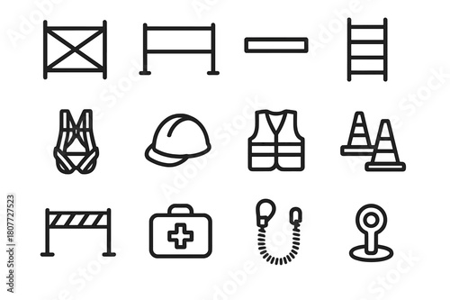 Scaffolding Safety Icons. Scaffolding and Safety. Line icon set of Scaffolding and Safety: scaffold frame, guardrail, toe board, access ladder, safety harness,