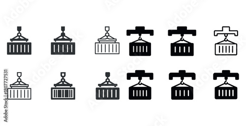 Set of crane hook and container icons in black and white