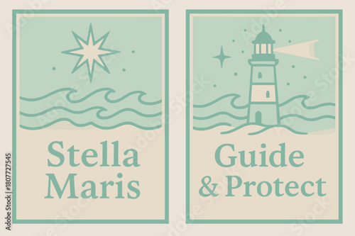 Stella Maris Banners. Star of the Sea. Two vertical A6 banners with safe margins, centered composition, no elements touching edges, pastel, seafoam and sandy