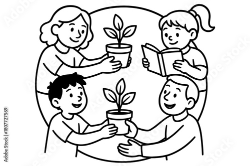 Community Support Coloring. Mutual care community children?s coloring book illustration, outlined drawing, circle of people helping each other with plants and